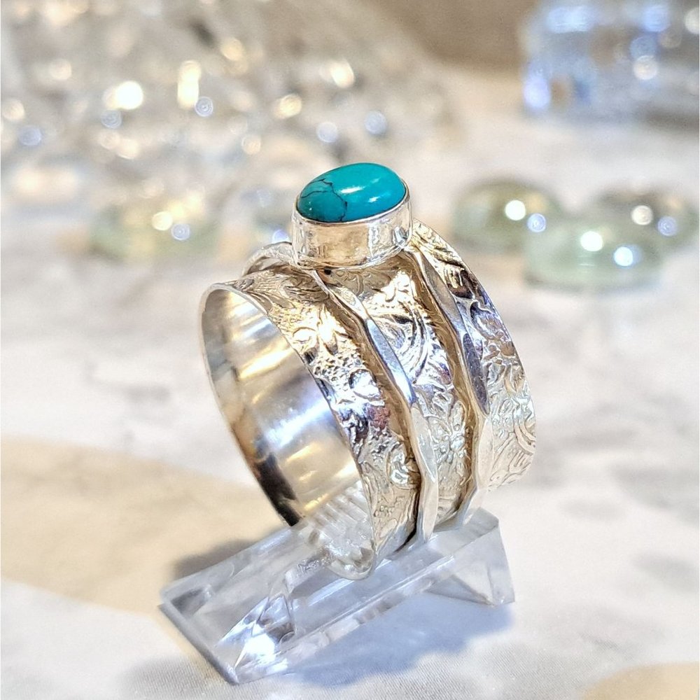 Natural Turquoise Steering Silver Meditation Fidget Spinner Ring - Picture 5 of 13